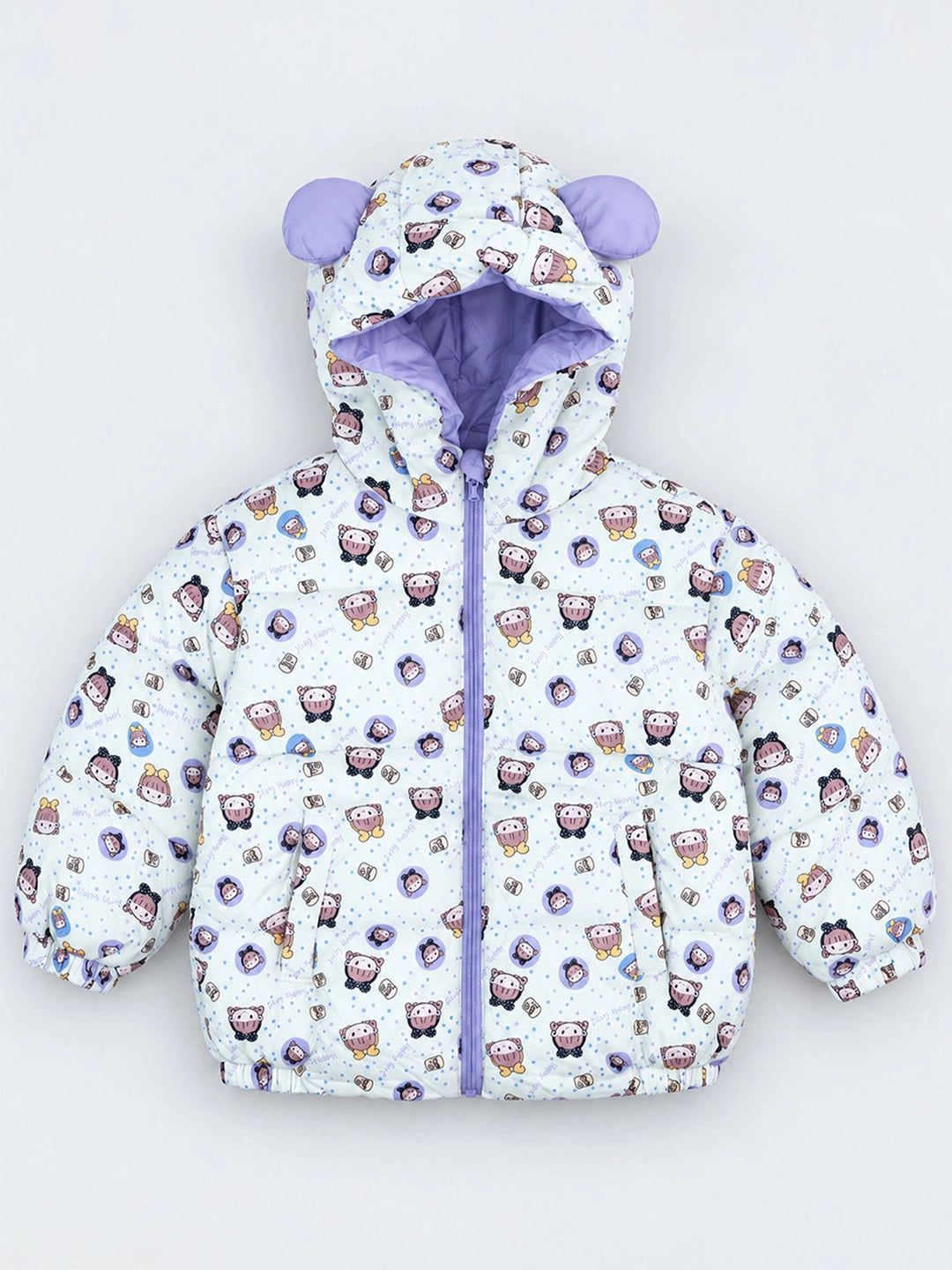 Cream & Purple Happy Girl Quilted Hooded Winter Jacket for Kids