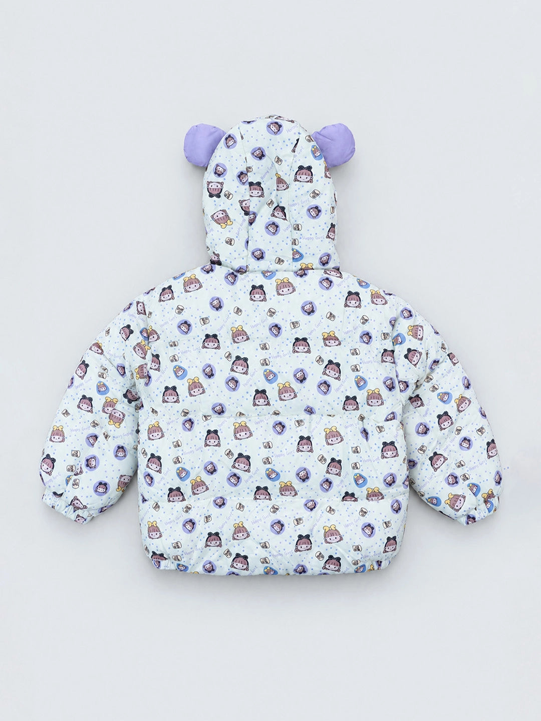 Cream & Purple Happy Girl Quilted Hooded Winter Jacket for Kids