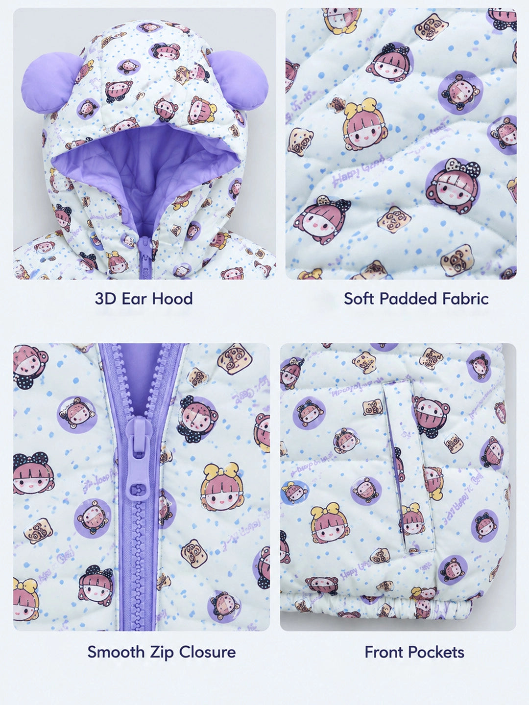 Cream & Purple Happy Girl Quilted Hooded Winter Jacket for Kids