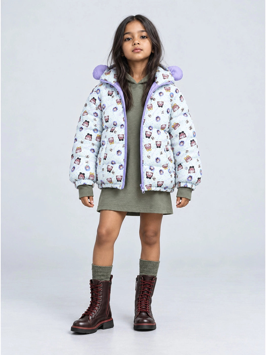 Cream & Purple Happy Girl Quilted Hooded Winter Jacket for Kids