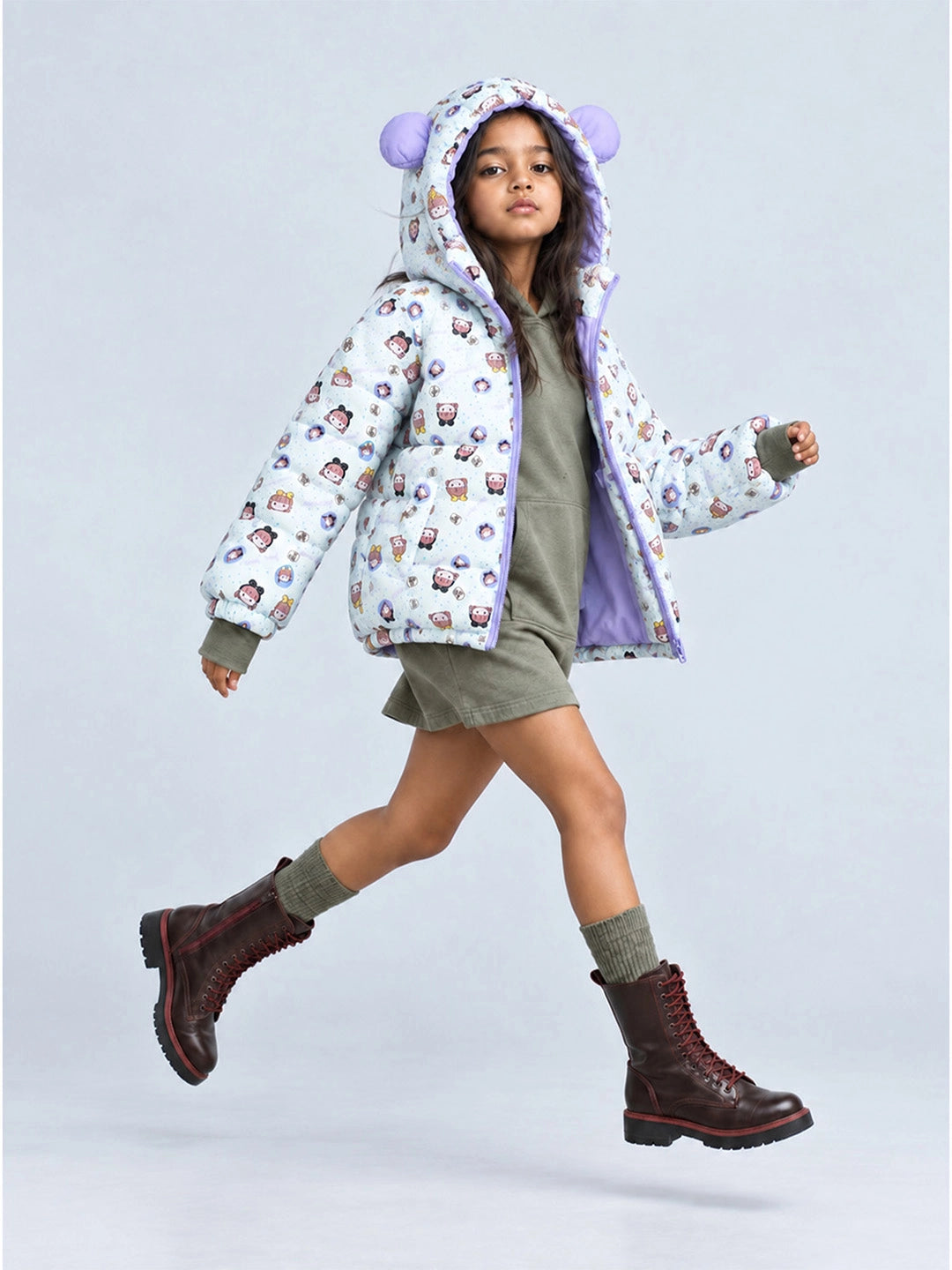 Cream & Purple Happy Girl Quilted Hooded Winter Jacket for Kids