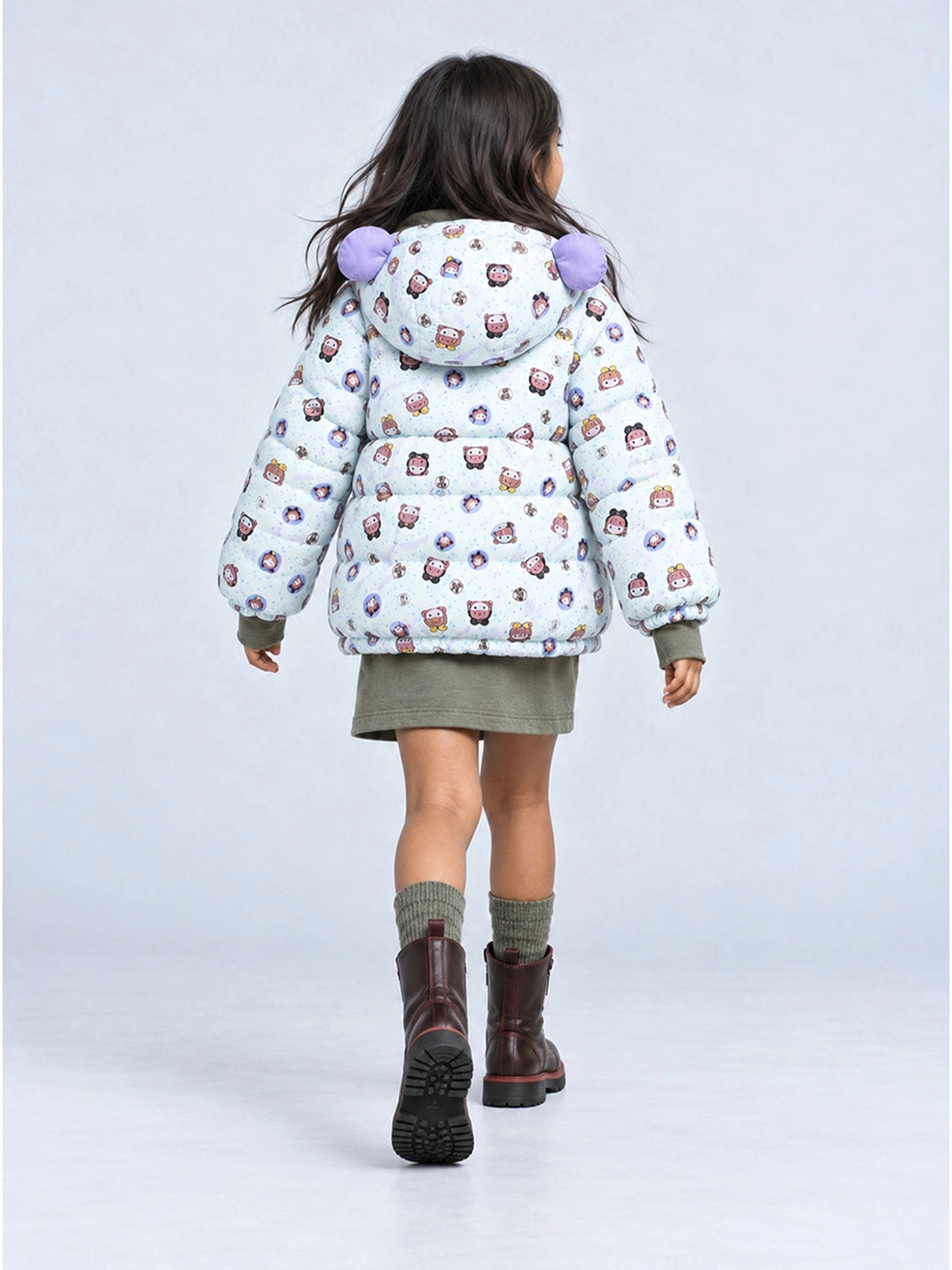 Cream & Purple Happy Girl Quilted Hooded Winter Jacket for Kids