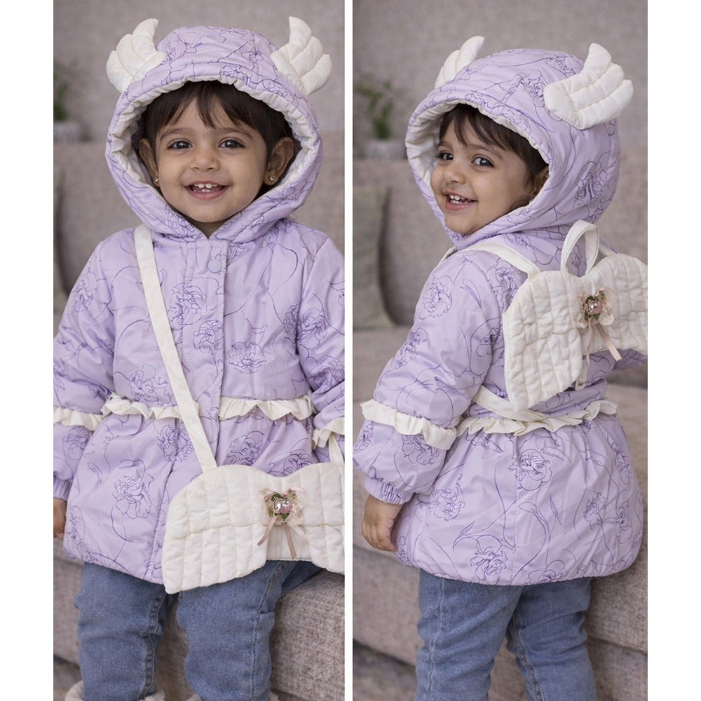 Purple Angel Wings Quilted Hooded Winter Jacket for Kids