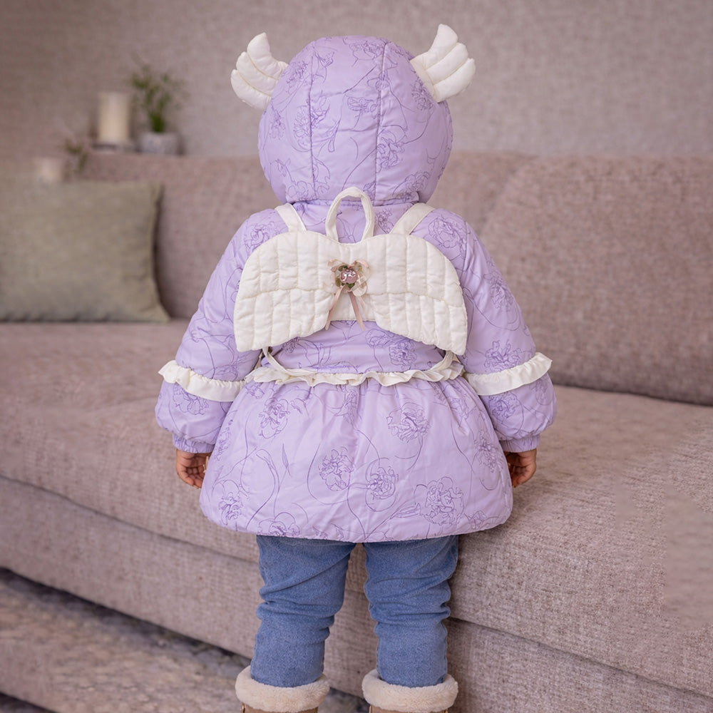 Purple Angel Wings Quilted Hooded Winter Jacket for Kids