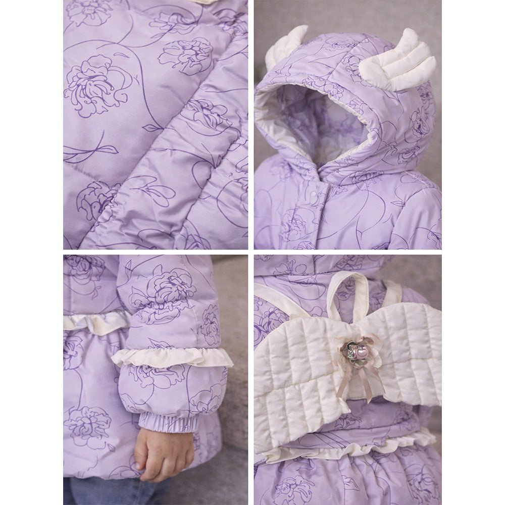 Purple Angel Wings Quilted Hooded Winter Jacket for Kids
