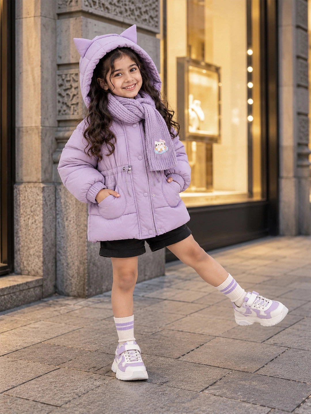 Purple Cat Glitter Quilted Hooded Winter Jacket with Muffler for Kids