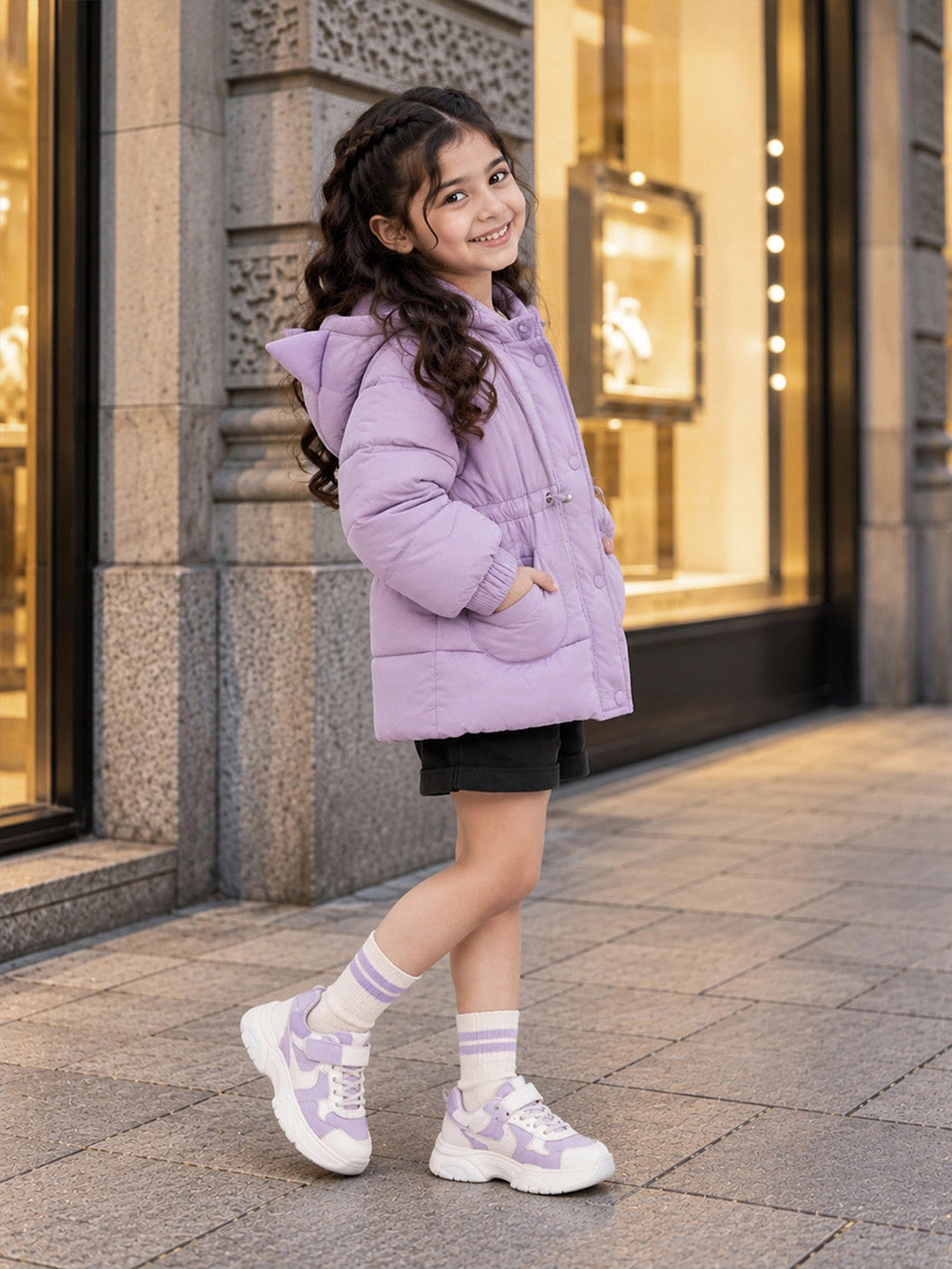 Purple Cat Glitter Quilted Hooded Winter Jacket with Muffler for Kids