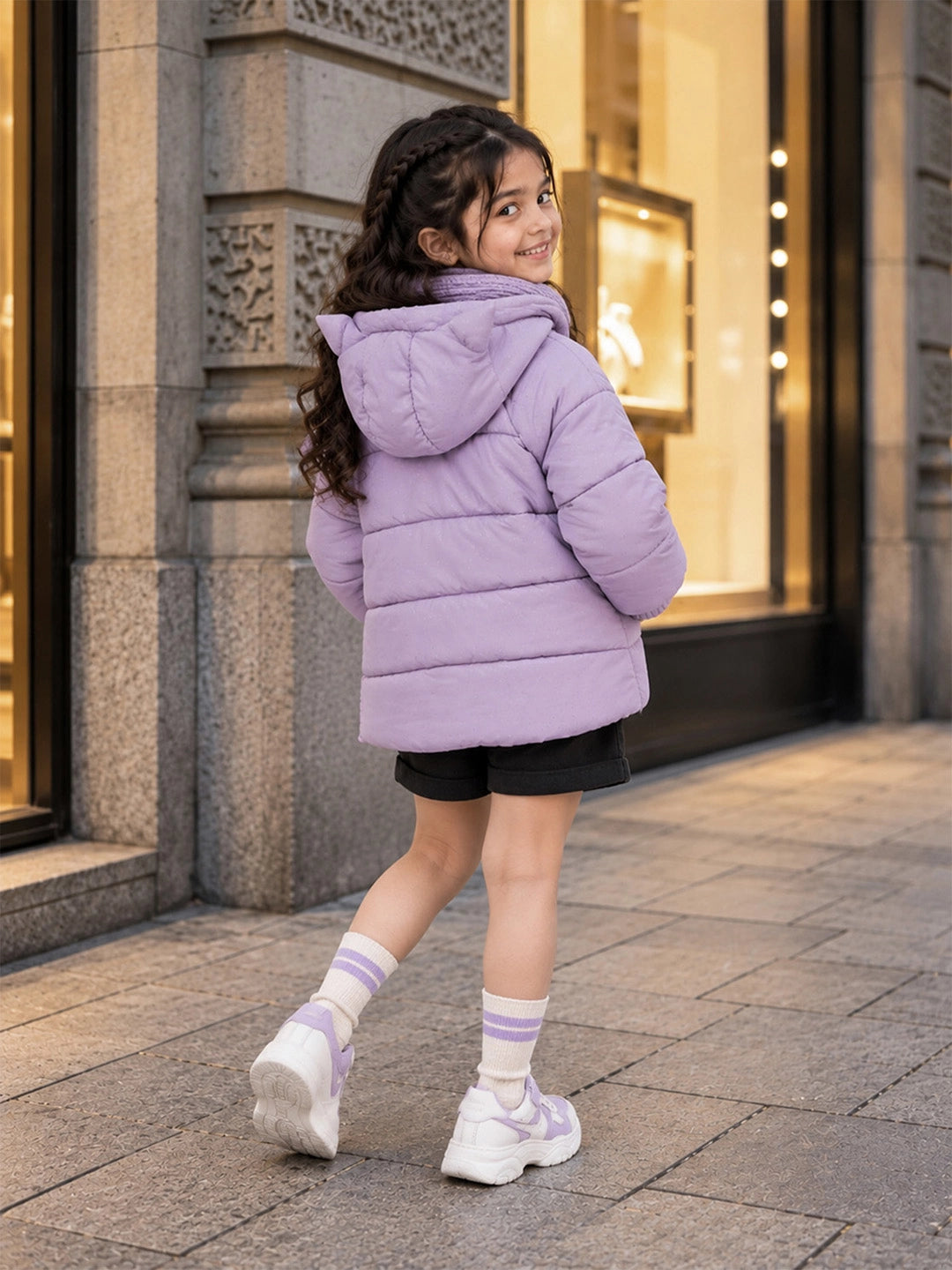 Purple Cat Glitter Quilted Hooded Winter Jacket with Muffler for Kids