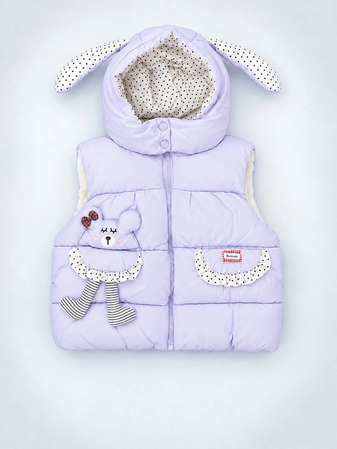 Purple Polka Dots Cute Character-Themed Quilted Hooded Sleeveless Winter Jacket for Kids