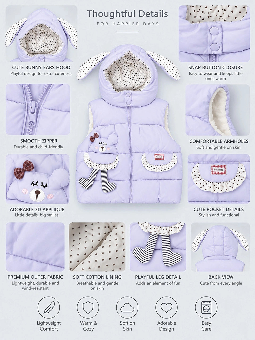 Purple Polka Dots Cute Character-Themed Quilted Hooded Sleeveless Winter Jacket for Kids