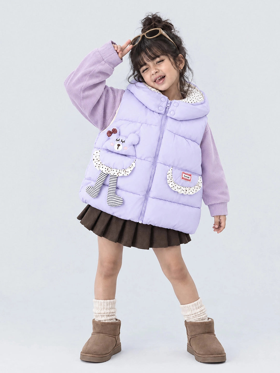 Purple Polka Dots Cute Character-Themed Quilted Hooded Sleeveless Winter Jacket for Kids