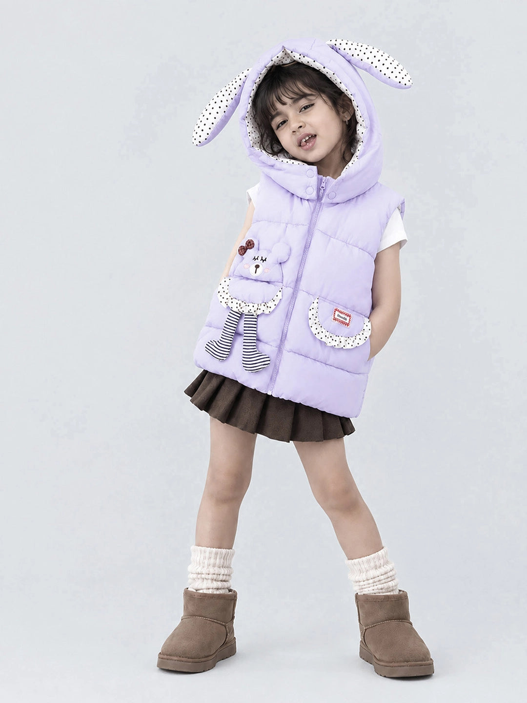 Purple Polka Dots Cute Character-Themed Quilted Hooded Sleeveless Winter Jacket for Kids