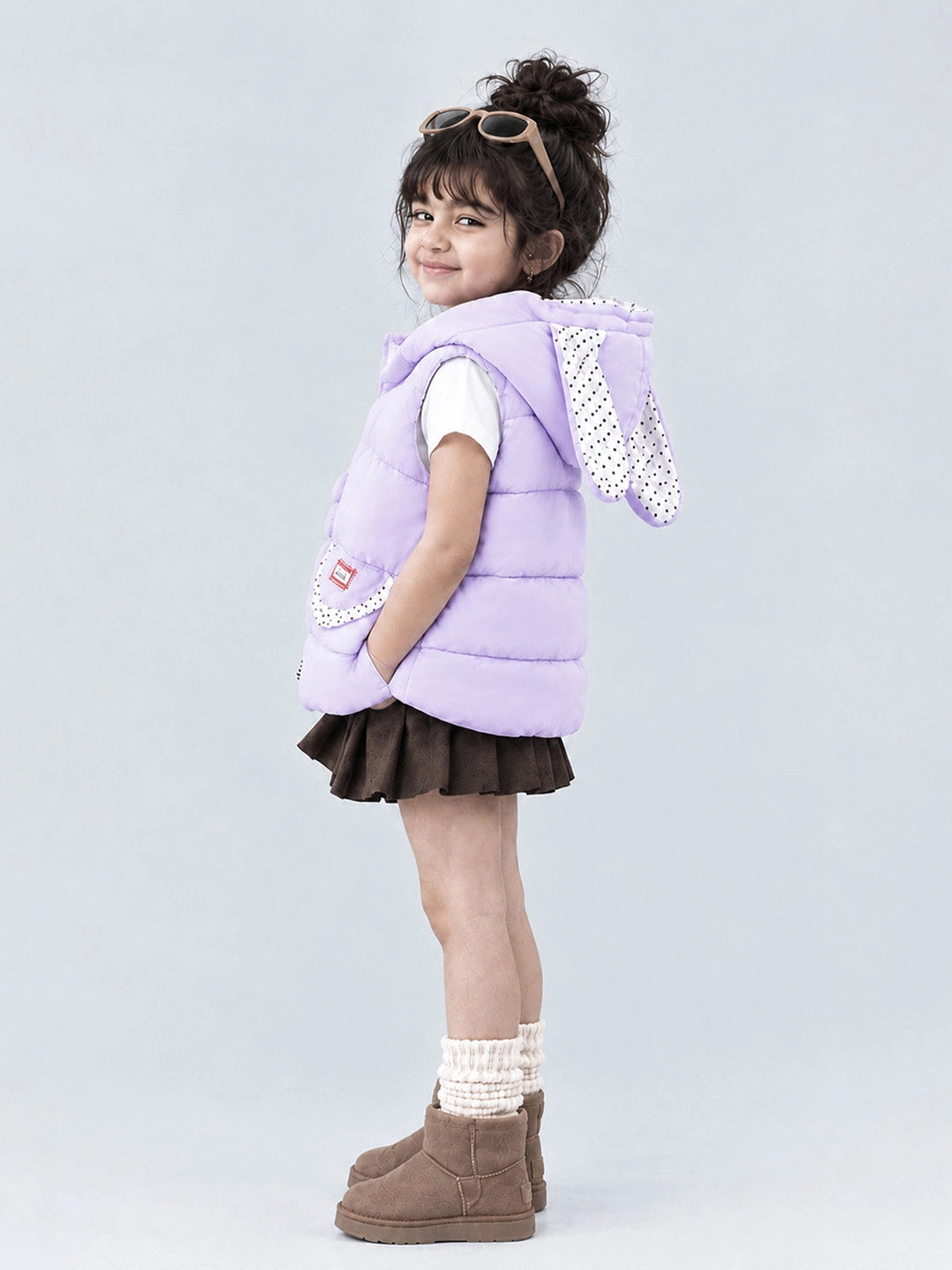 Purple Polka Dots Cute Character-Themed Quilted Hooded Sleeveless Winter Jacket for Kids