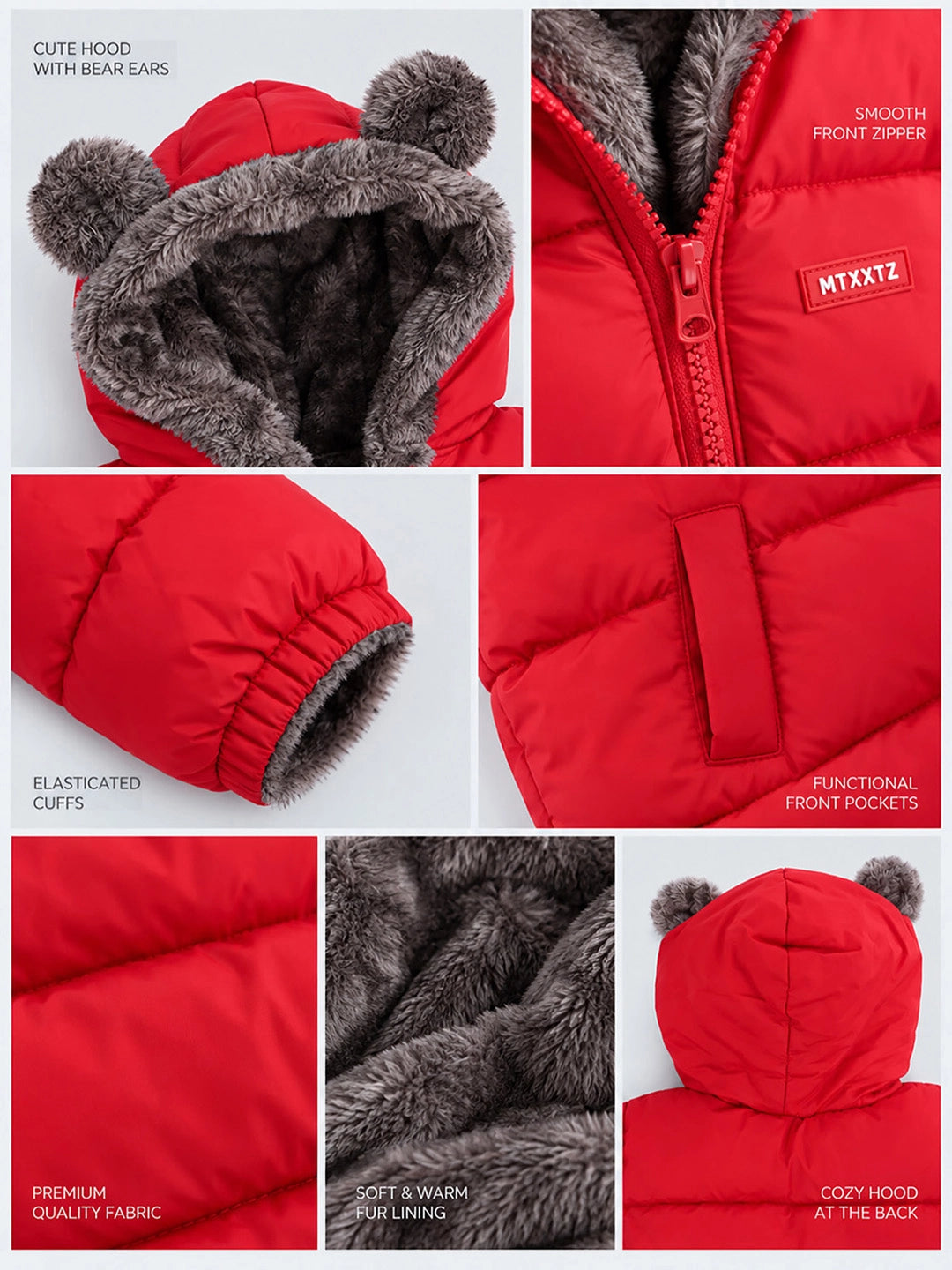 Red Bear-Ear Faux-Fur Hooded Quilted Winter Jacket for Kids