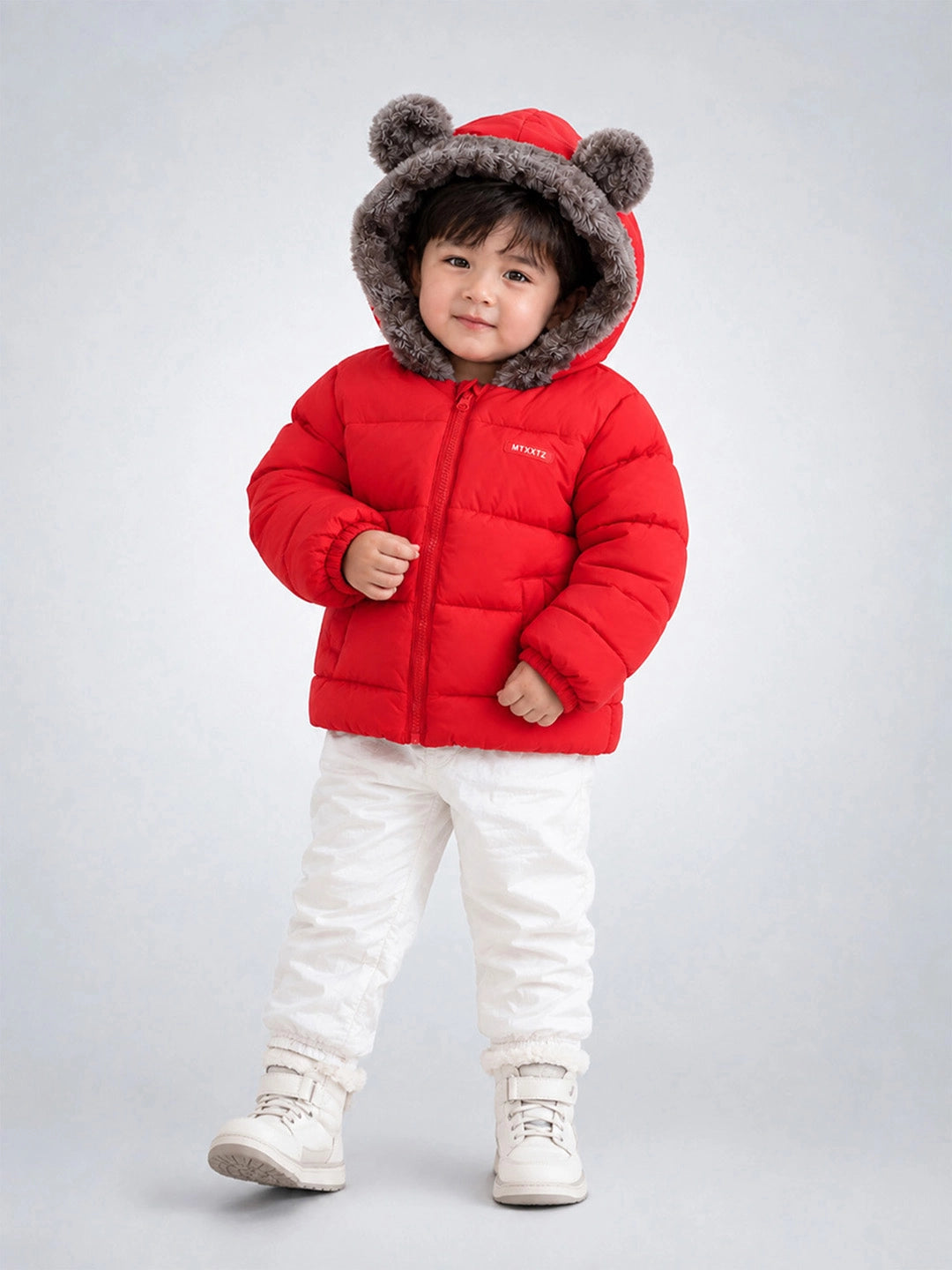 Red Bear-Ear Faux-Fur Hooded Quilted Winter Jacket for Kids