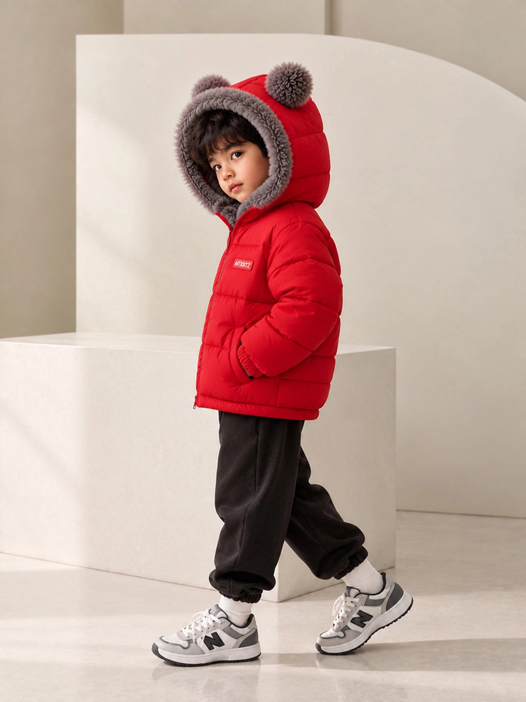 Red Bear-Ear Faux-Fur Hooded Quilted Winter Jacket for Kids