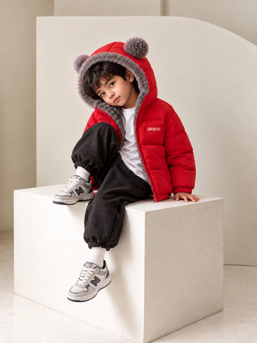 Red Bear-Ear Faux-Fur Hooded Quilted Winter Jacket for Kids