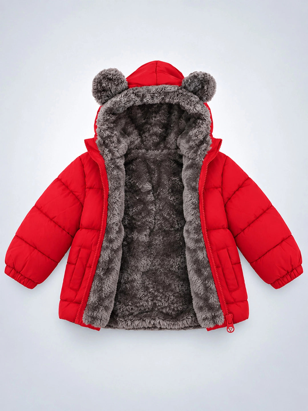 Red Bear-Ear Faux-Fur Hooded Quilted Winter Jacket for Kids