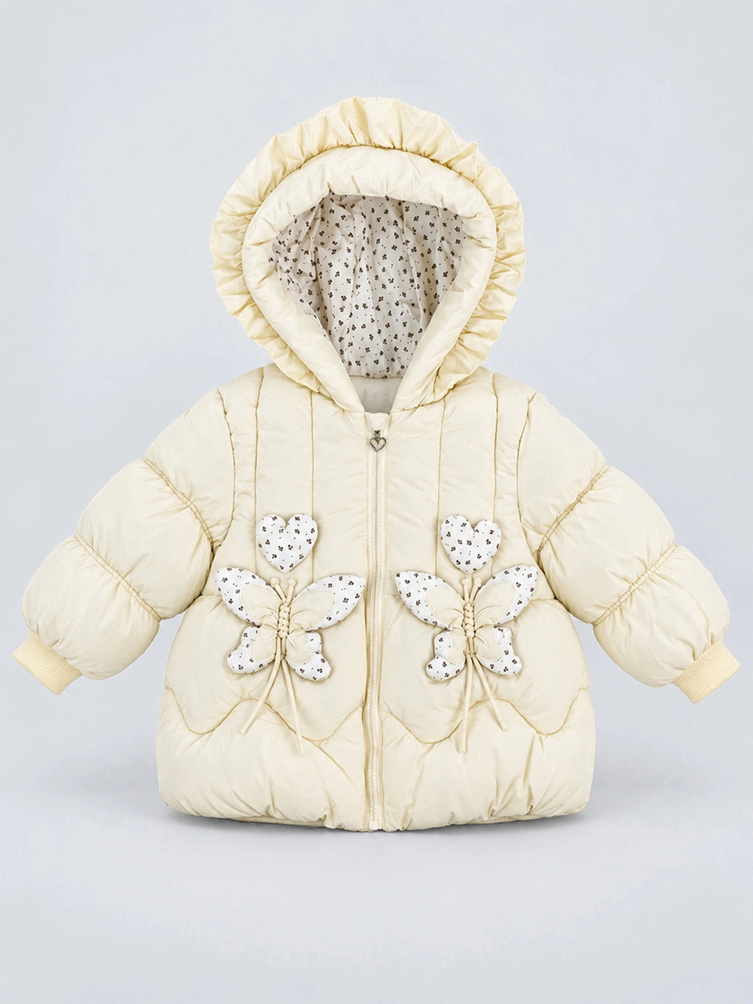 Pastel Yellow Butterfly Heart Quilted Hooded Winter Jacket for Kids