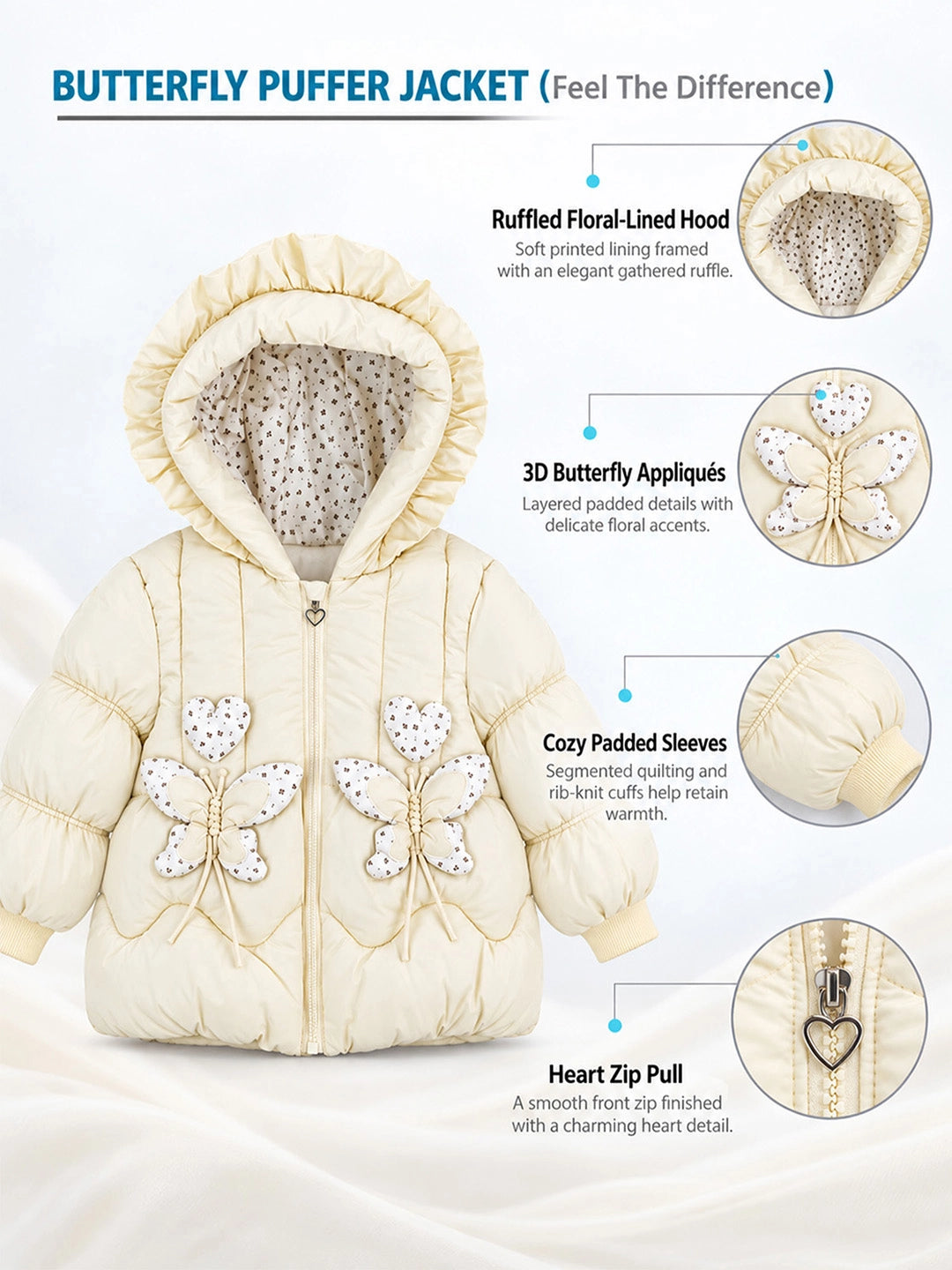 Pastel Yellow Butterfly Heart Quilted Hooded Winter Jacket for Kids