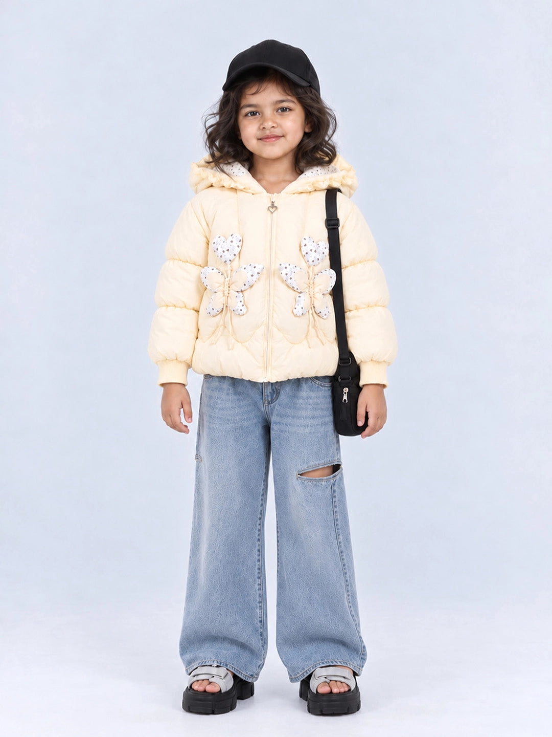 Pastel Yellow Butterfly Heart Quilted Hooded Winter Jacket for Kids