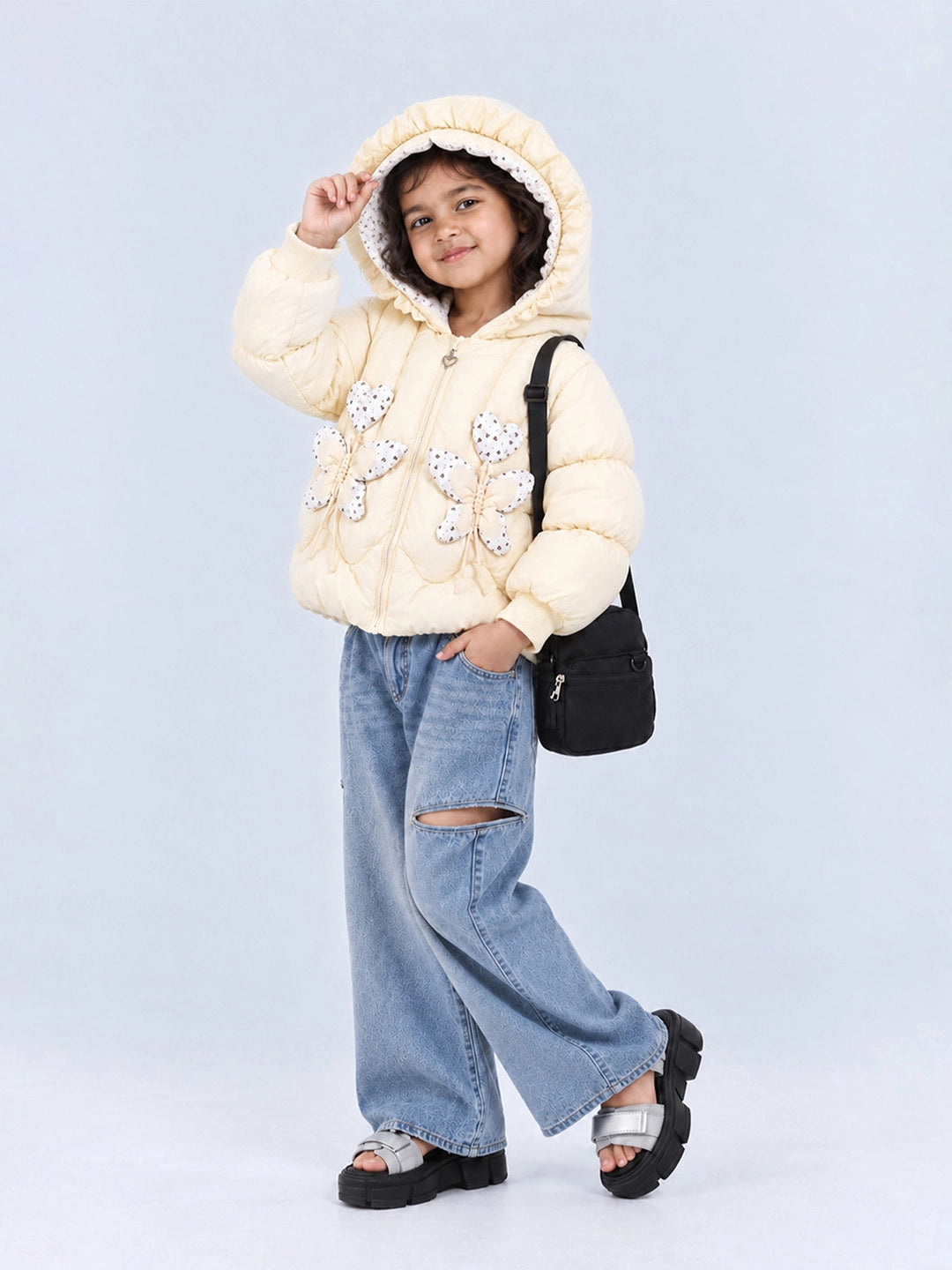 Pastel Yellow Butterfly Heart Quilted Hooded Winter Jacket for Kids