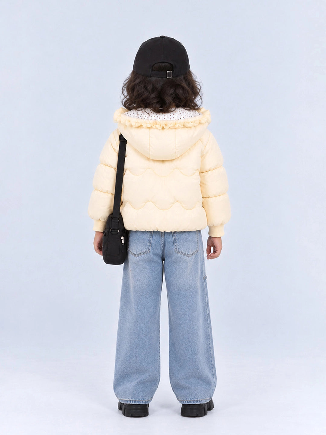 Pastel Yellow Butterfly Heart Quilted Hooded Winter Jacket for Kids
