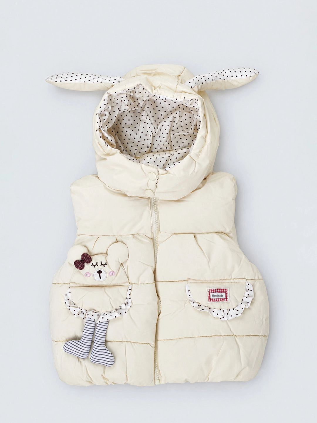 Yellow Polka Dots Cute Character-Themed Quilted Hooded Sleeveless Winter Jacket for Kids