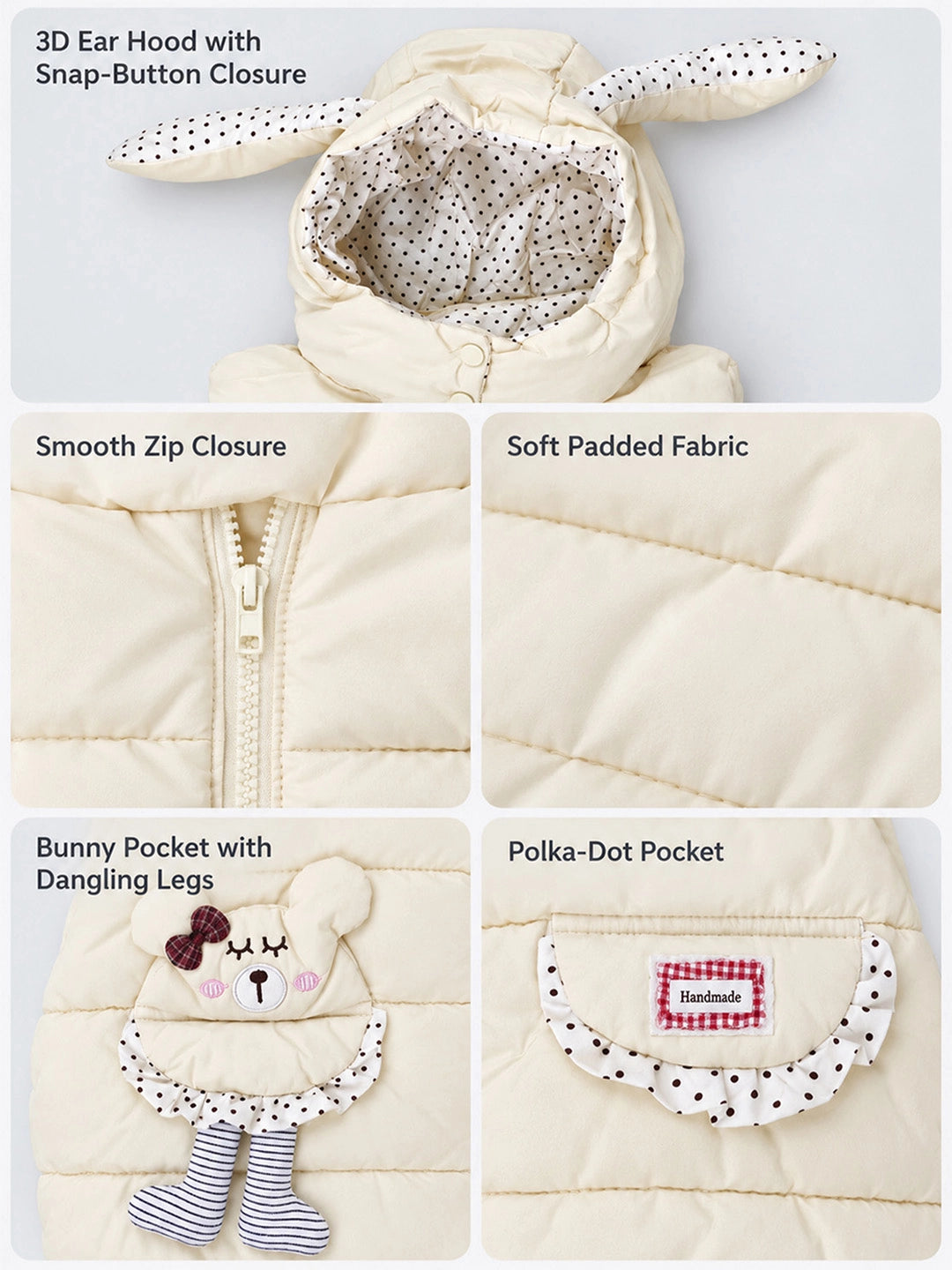 Yellow Polka Dots Cute Character-Themed Quilted Hooded Sleeveless Winter Jacket for Kids