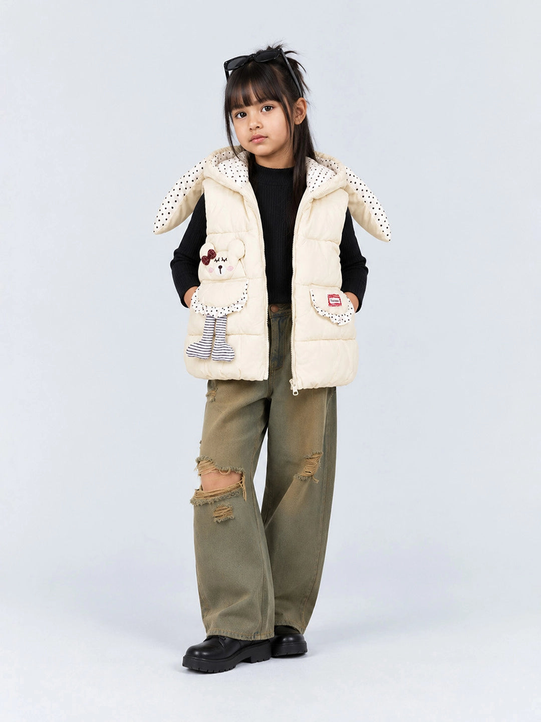 Yellow Polka Dots Cute Character-Themed Quilted Hooded Sleeveless Winter Jacket for Kids