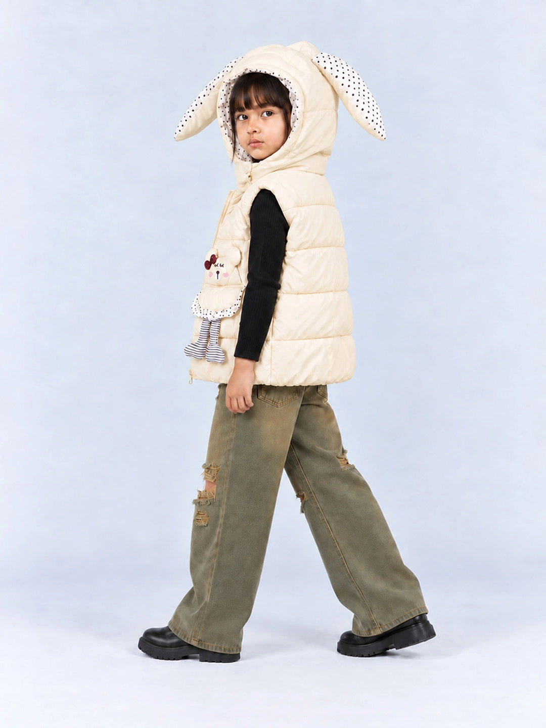 Yellow Polka Dots Cute Character-Themed Quilted Hooded Sleeveless Winter Jacket for Kids