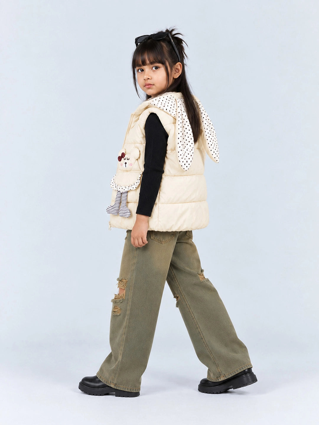 Yellow Polka Dots Cute Character-Themed Quilted Hooded Sleeveless Winter Jacket for Kids