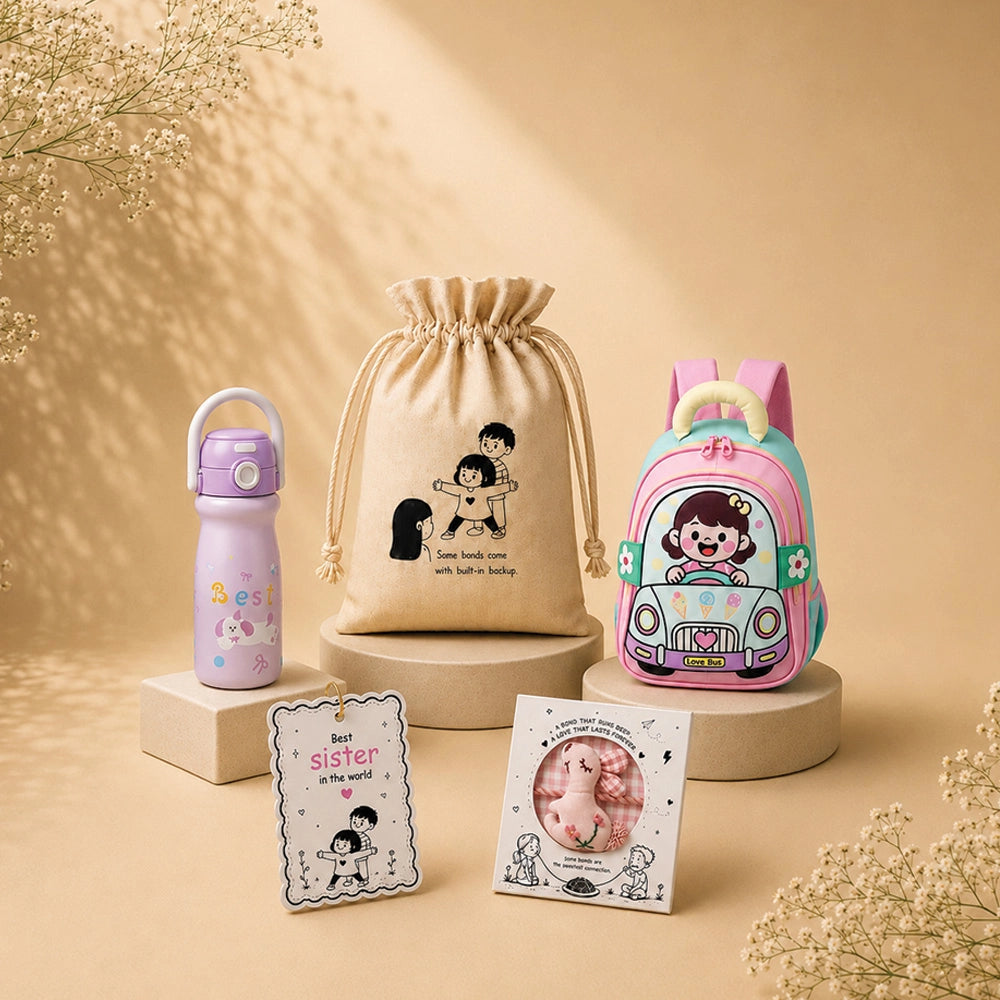 2 Pcs Pink Car Backpack & Purple Stainless Steel Water Bottle Rakhi Gift Combo for Kids with Free Rakhi & Jute Drawstring Bag