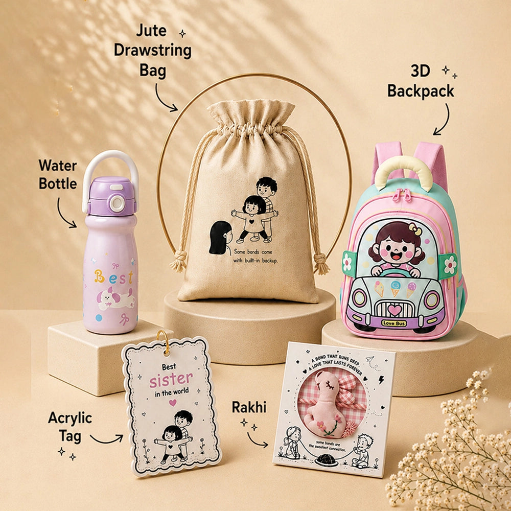 2 Pcs Pink Car Backpack & Purple Stainless Steel Water Bottle Rakhi Gift Combo for Kids with Free Rakhi & Jute Drawstring Bag