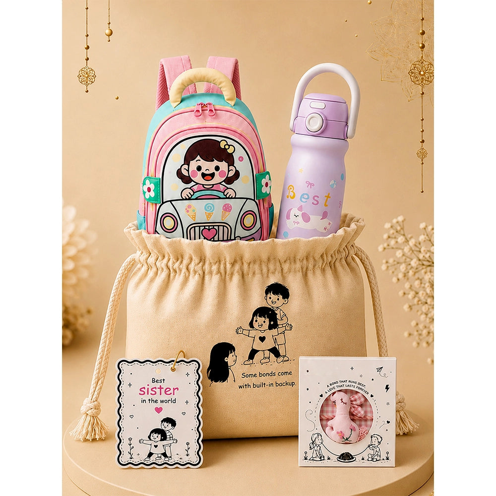 2 Pcs Pink Car Backpack & Purple Stainless Steel Water Bottle Rakhi Gift Combo for Kids with Free Rakhi & Jute Drawstring Bag