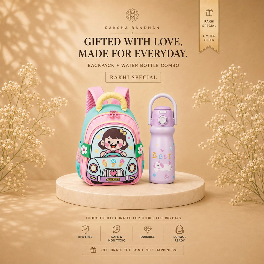 2 Pcs Pink Car Backpack & Purple Stainless Steel Water Bottle Rakhi Gift Combo for Kids with Free Rakhi & Jute Drawstring Bag