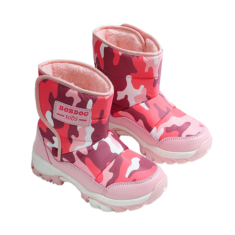 Pink Camouflage Waterproof Winter Snow Boots for Kids with Metal Cleats for Minus Degree Icy Terrains