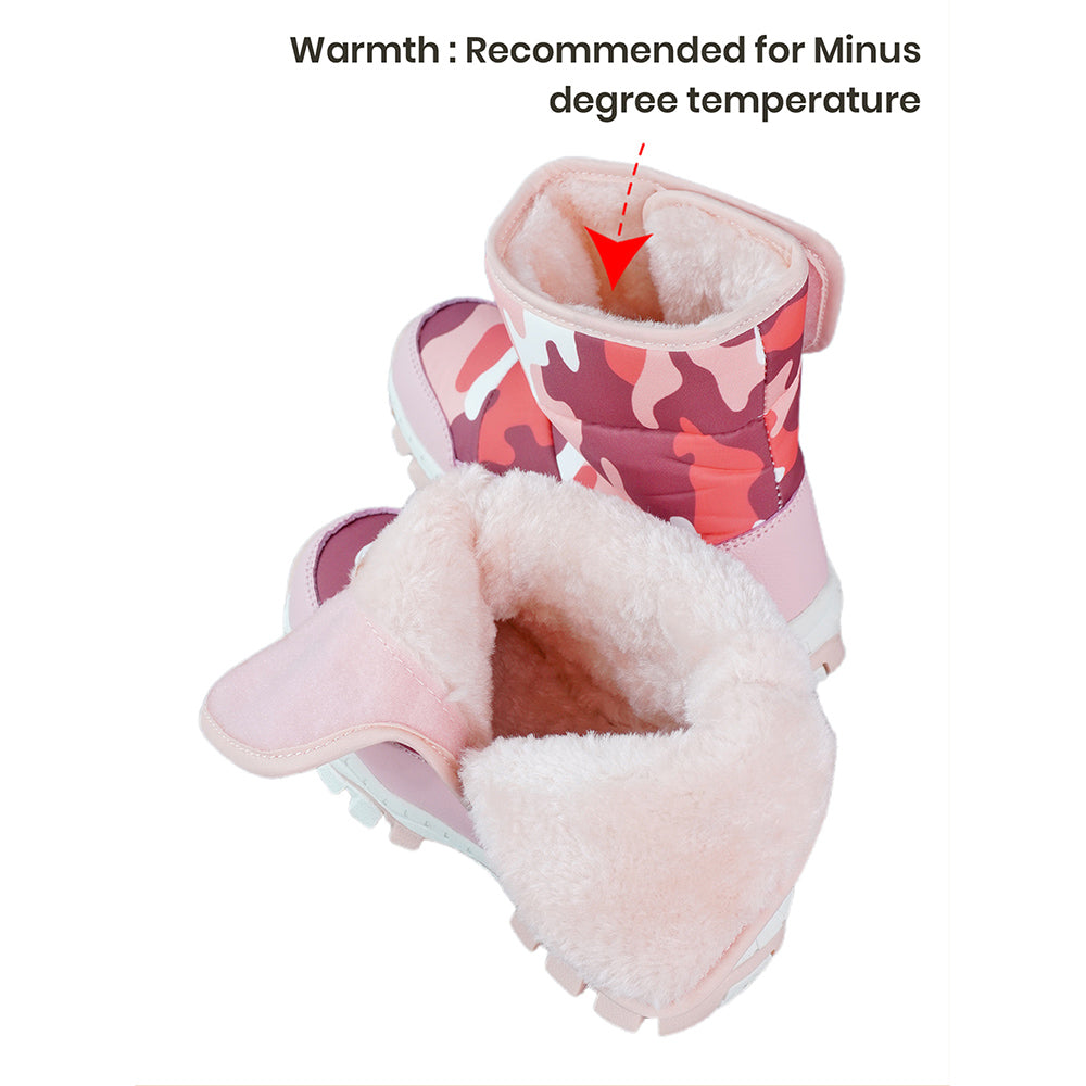Pink Camouflage Waterproof Winter Snow Boots for Kids with Metal Cleats for Minus Degree Icy Terrains