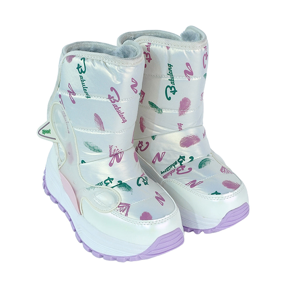 Printed Silver Waterproof Winter Snow Boots for Kids with Metal Cleats for Minus Degree Icy Terrains