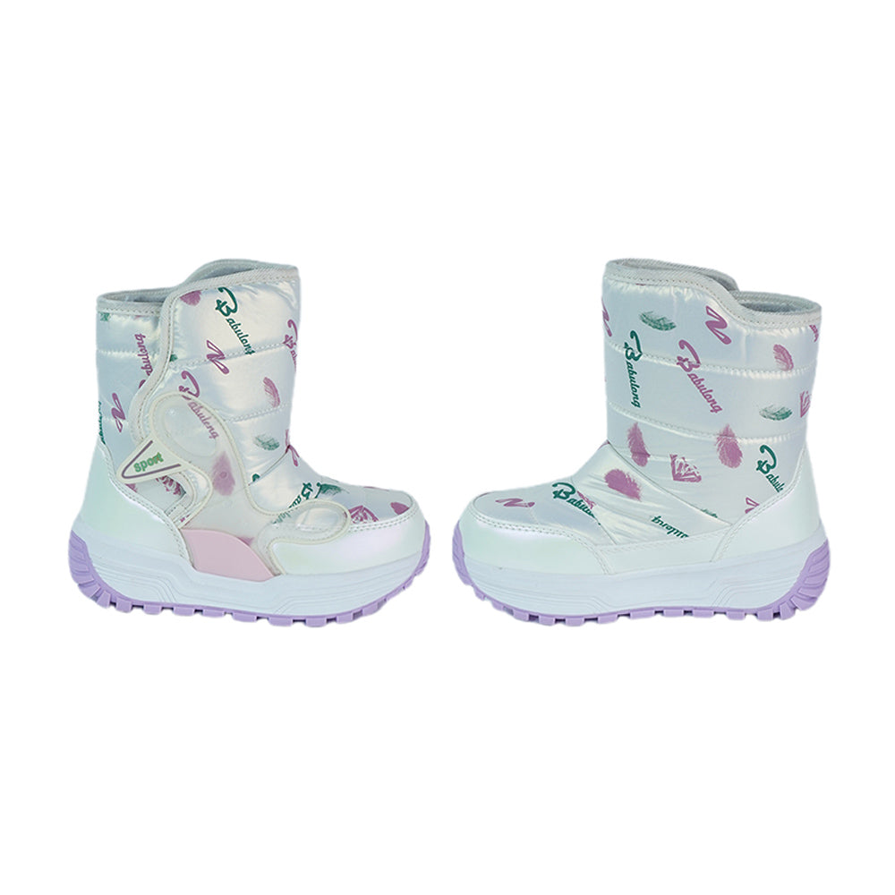 Printed Silver Waterproof Winter Snow Boots for Kids with Metal Cleats for Minus Degree Icy Terrains