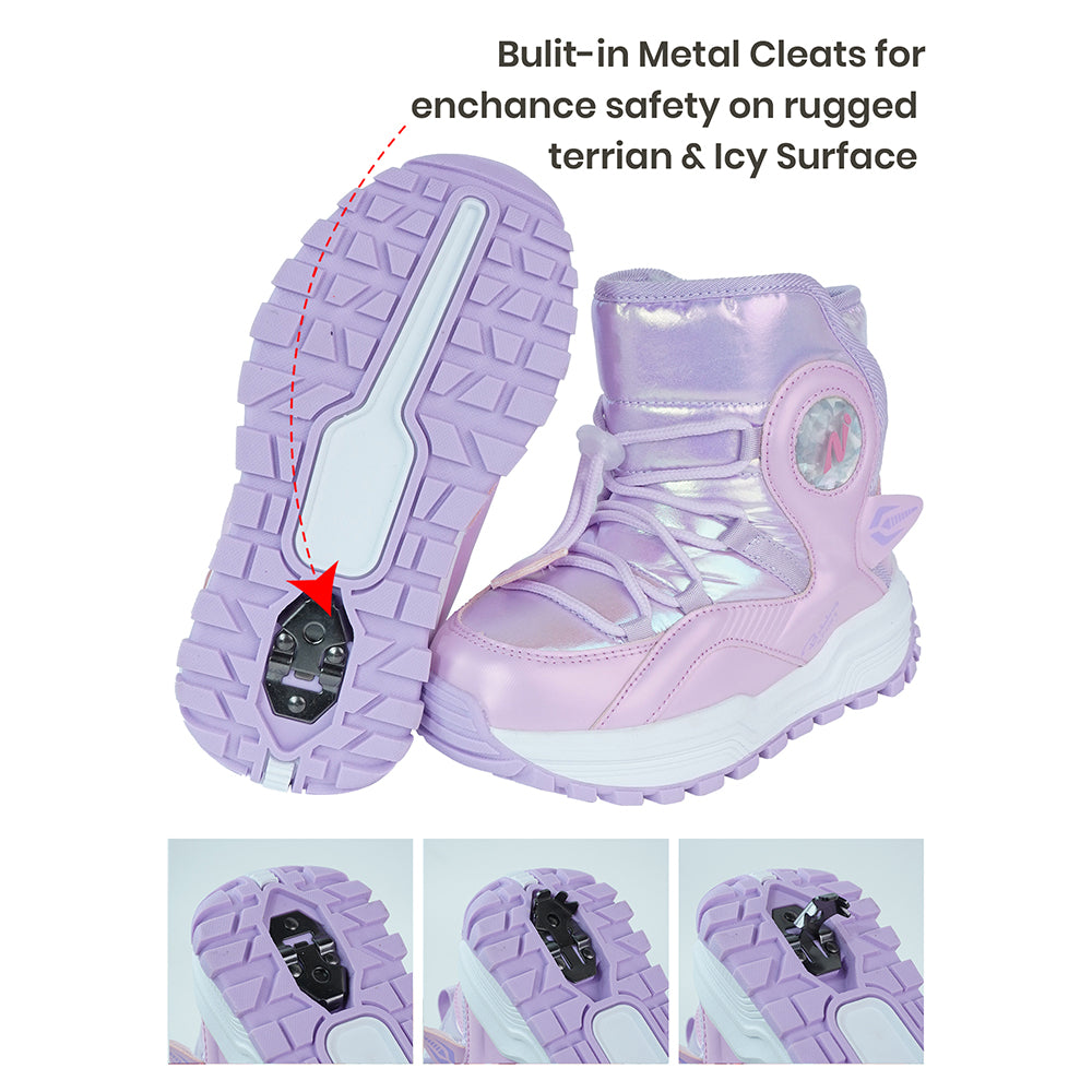Purple Rainbow Shine Waterproof Winter Snow Boots for Kids with Metal Cleats for Minus Degree Icy Terrains
