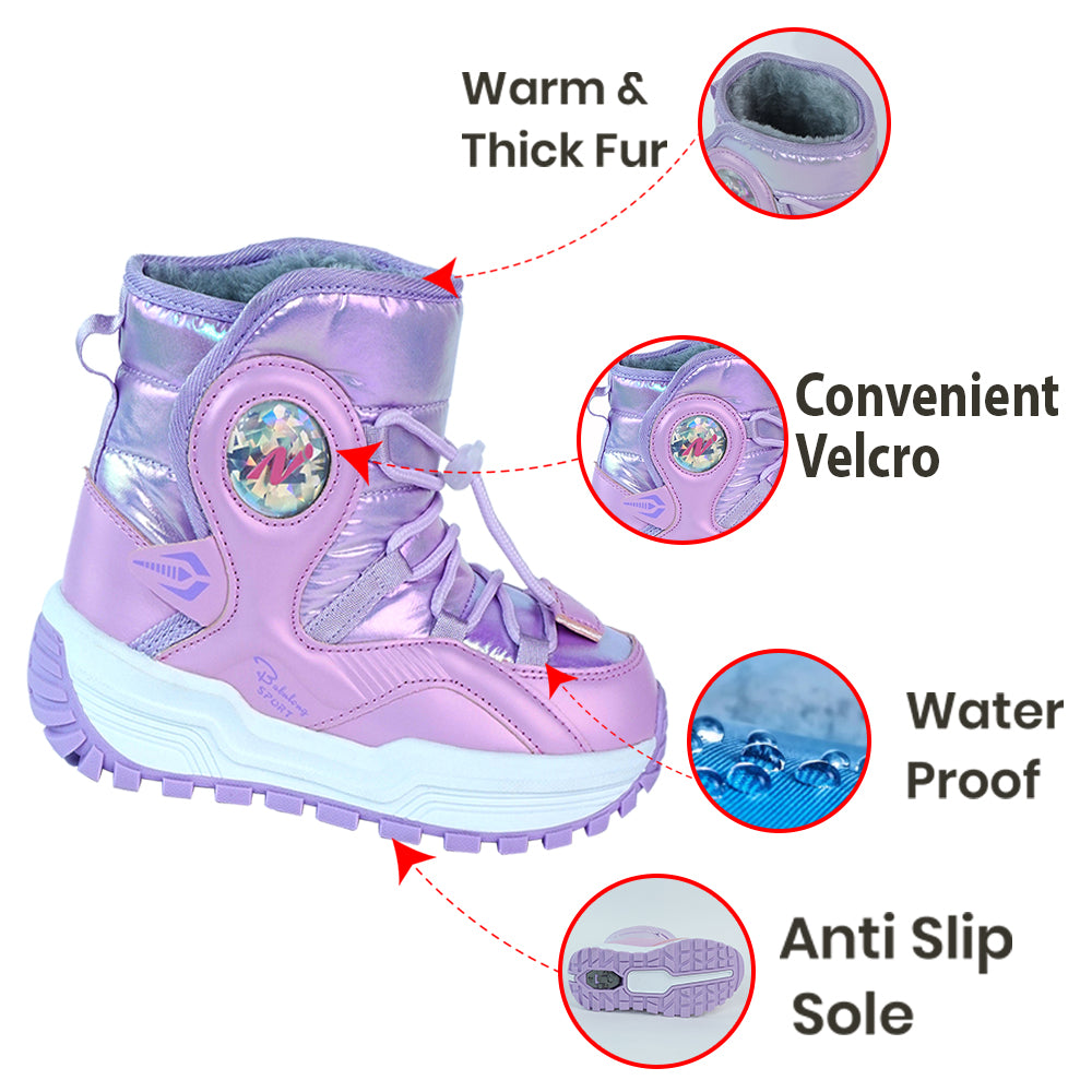 Purple Rainbow Shine Waterproof Winter Snow Boots for Kids with Metal Cleats for Minus Degree Icy Terrains