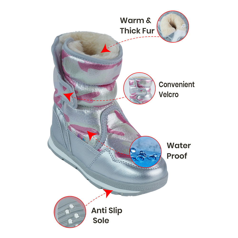 Silver & Fuchsia Pink Waterproof Winter Snow Boots for Kids for minus temperature