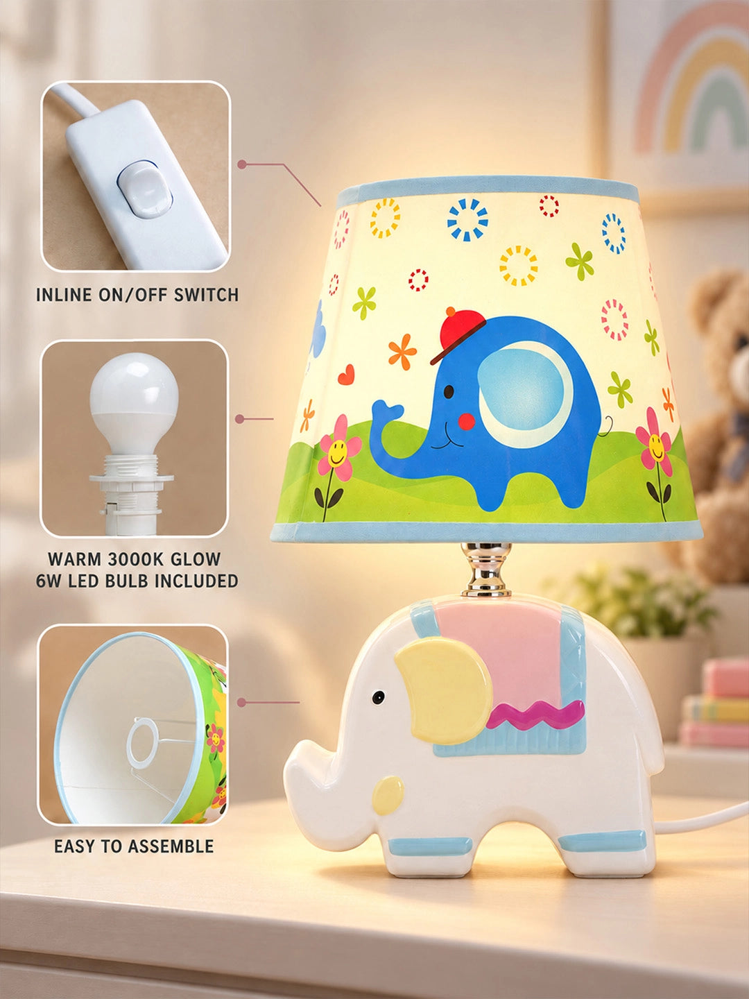 Blue Ceramic Elephant side Bed Table Lamp, Kids Room Decor