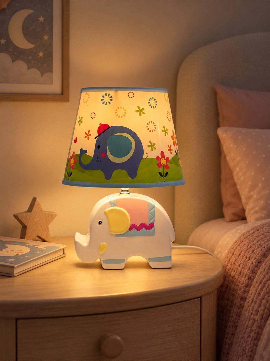 Blue Ceramic Elephant side Bed Table Lamp, Kids Room Decor