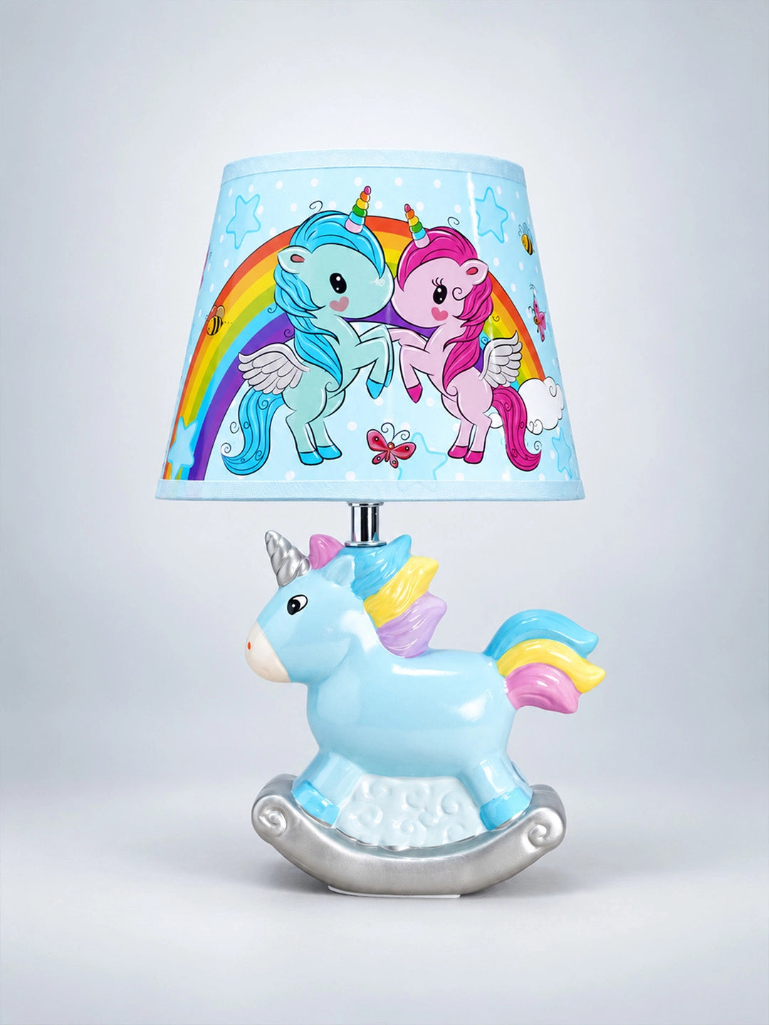 Blue ceramic Rocking Unicorn side Bed Table Lamp, Kids Room Decor