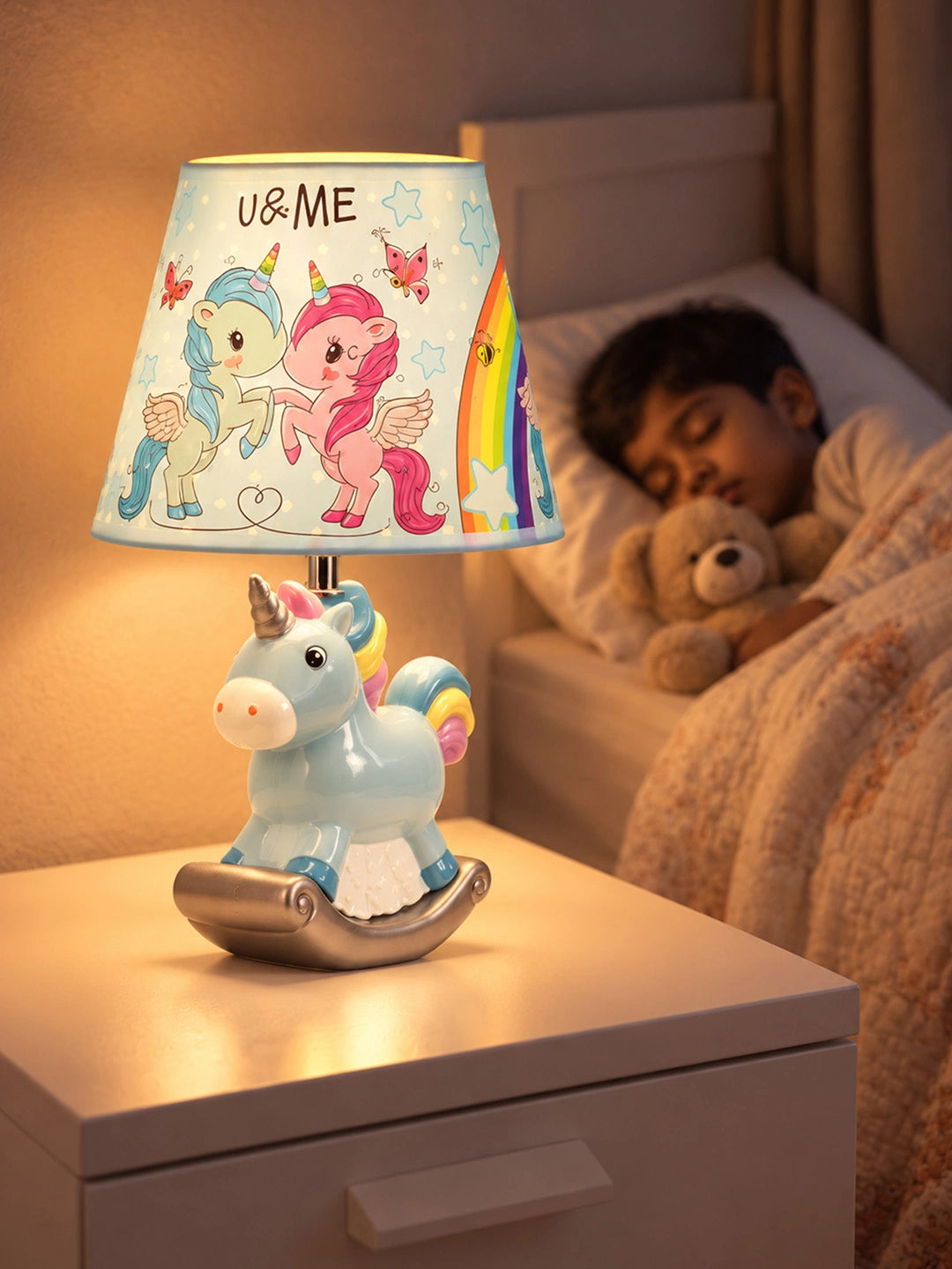 Blue ceramic Rocking Unicorn side Bed Table Lamp, Kids Room Decor