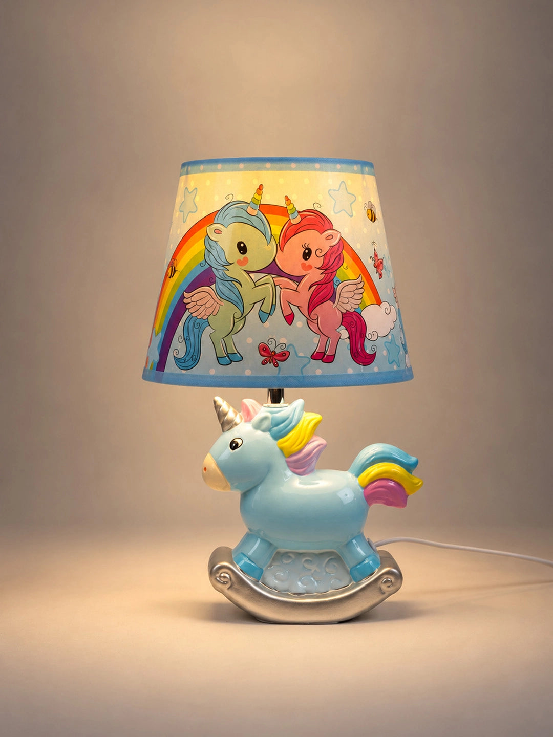 Blue ceramic Rocking Unicorn side Bed Table Lamp, Kids Room Decor