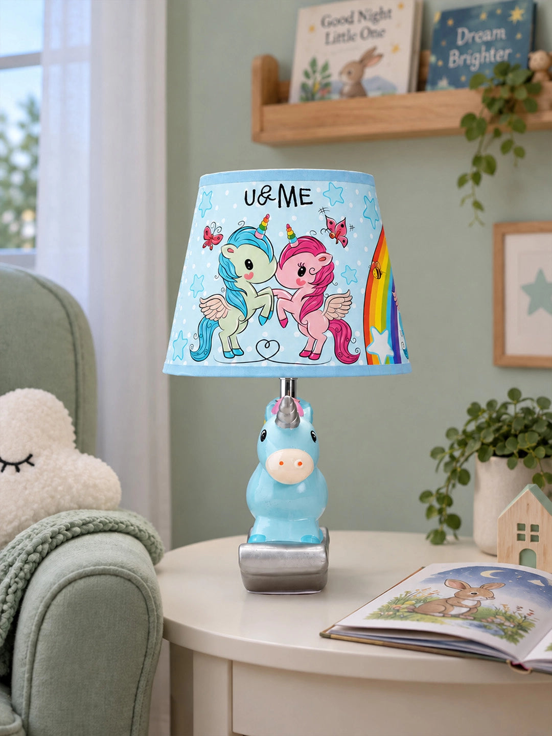 Blue ceramic Rocking Unicorn side Bed Table Lamp, Kids Room Decor