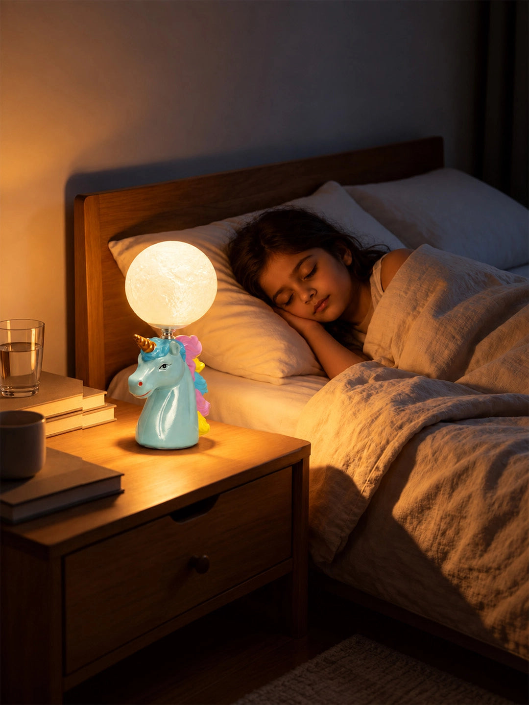 Blue ceramic Unicorn Moon, side Bed Table Lamp, Kids Room Decor